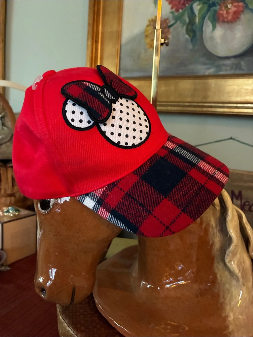 Disney Red Plaid Bow Kids Baseball Cap Adjustable back